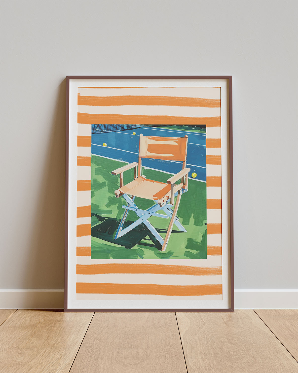 Poster Baseline Break – Tennisstoel op oranje baan