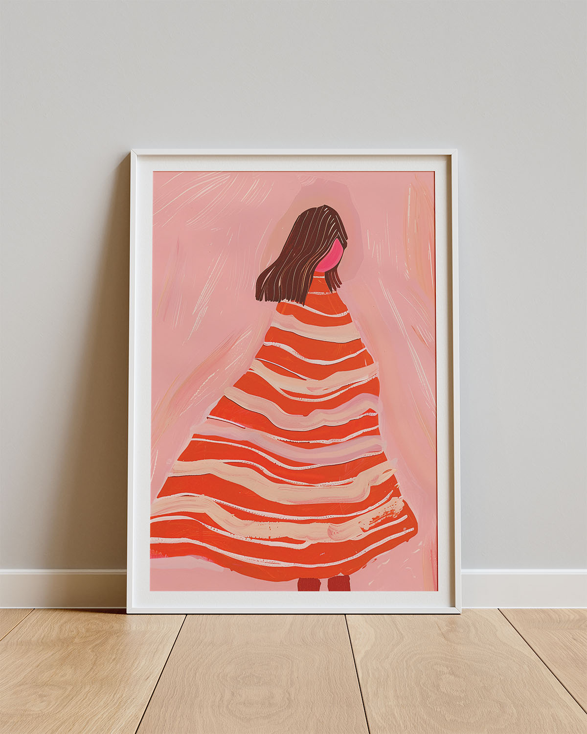 Poster Rosso Stripes – Vrouw in gestreepte jurk op roze achtergrond