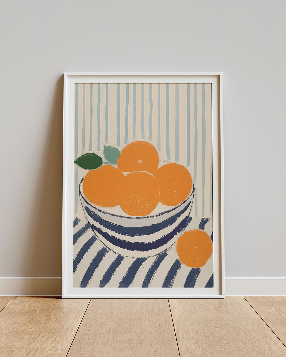 Poster Orange Bowl – Sinaasappels in gestreepte kom op tafelkleed