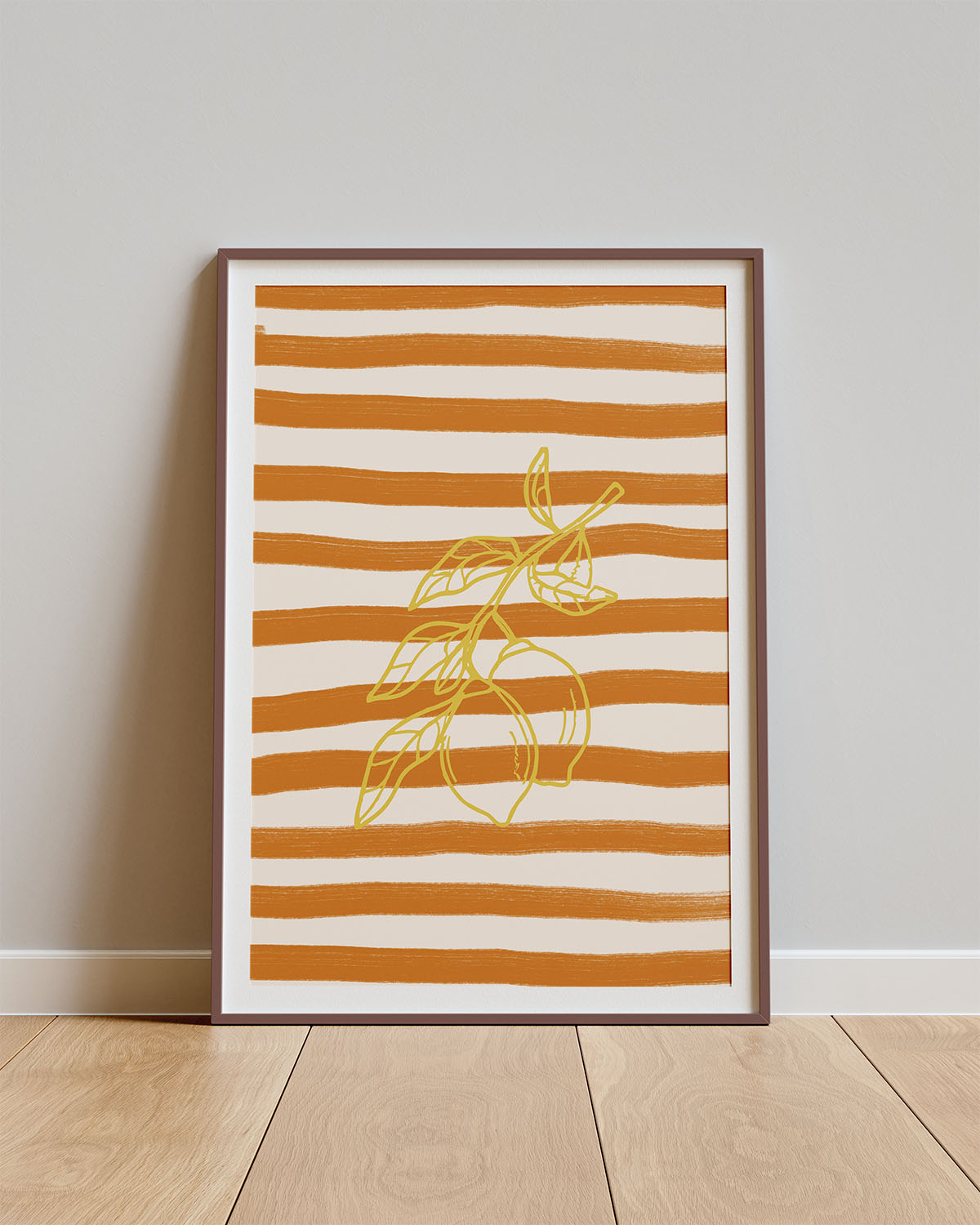 Poster Zomerblad – Lijntekening citroenblad op oranje lijnen