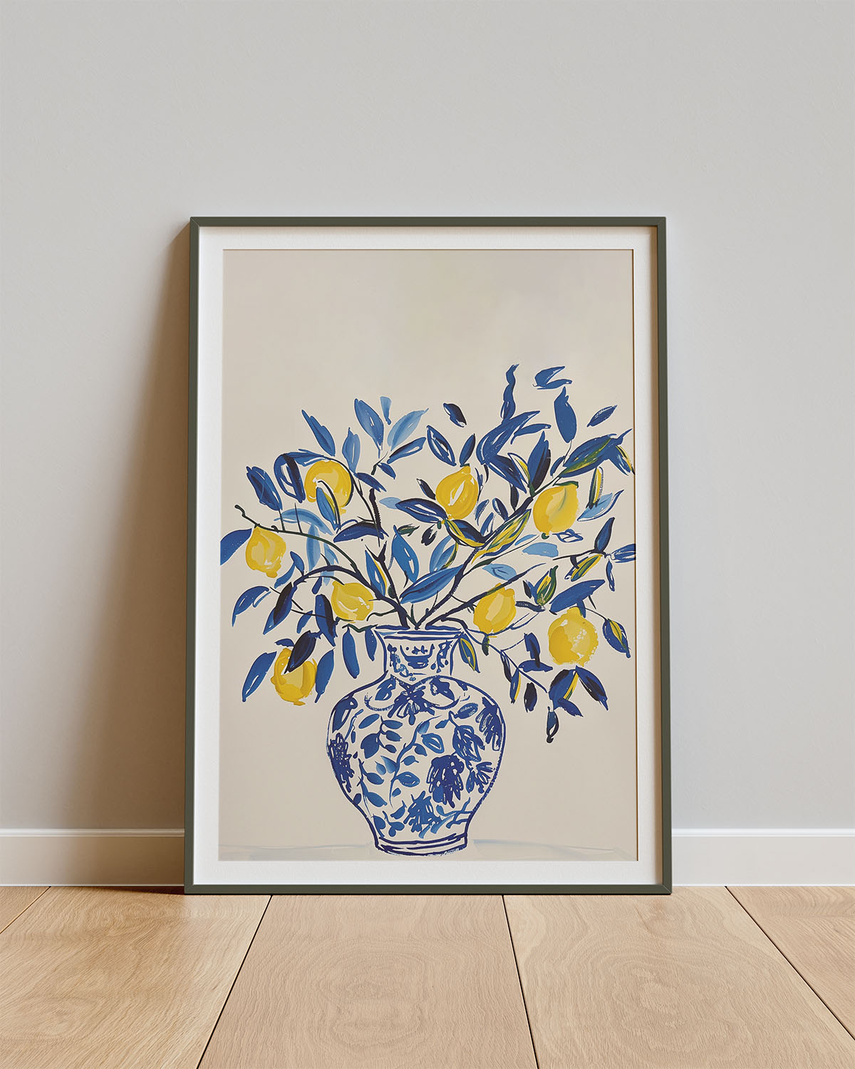 Poster Limone Blu – Vaas met citroentakken in frisse blauwtint
