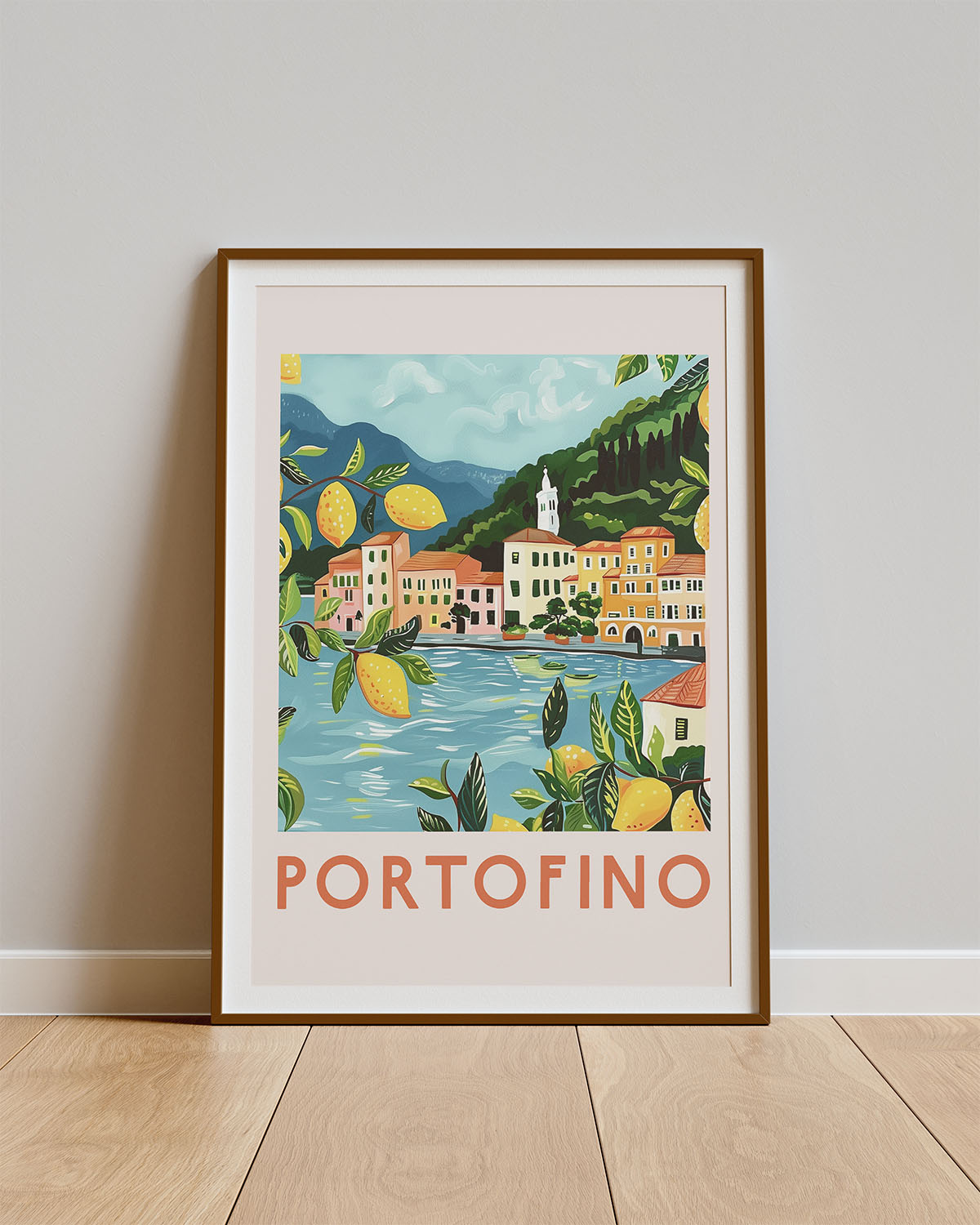Poster Portofino View – Grafisch landschap met kustgevoel