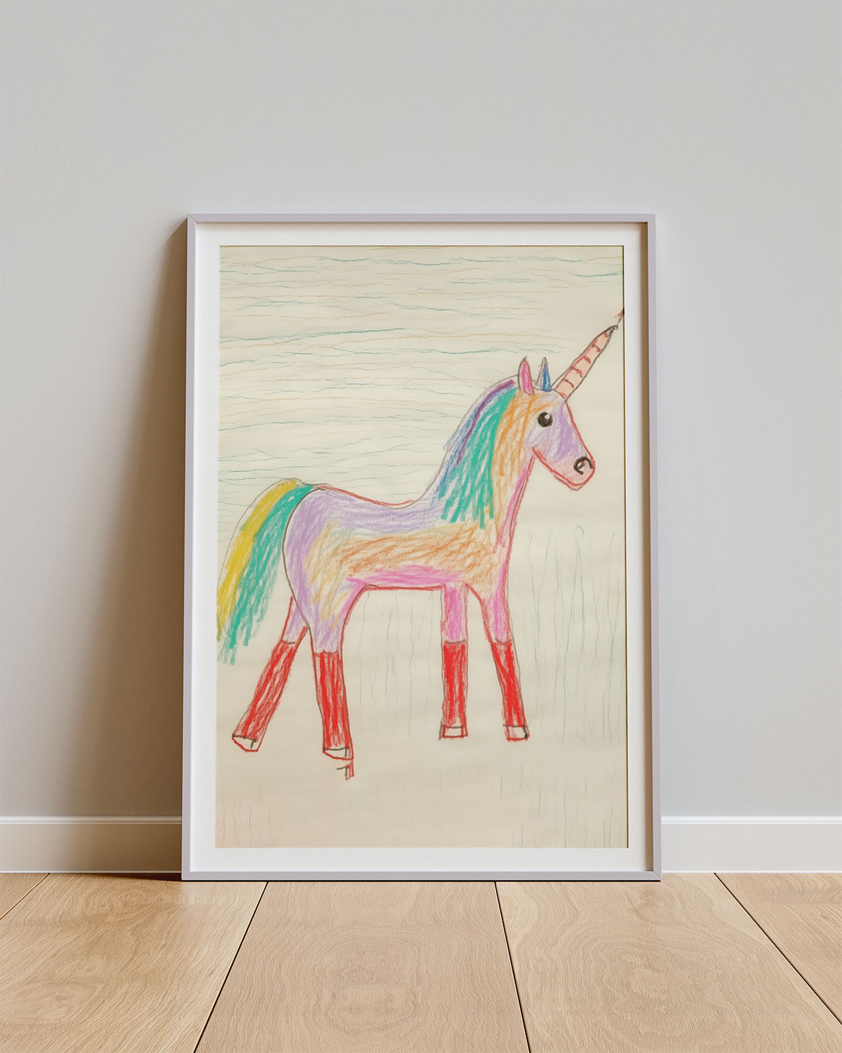 Poster Rainbow Unicorn – Kleurrijke kindertekening van een eenhoorn