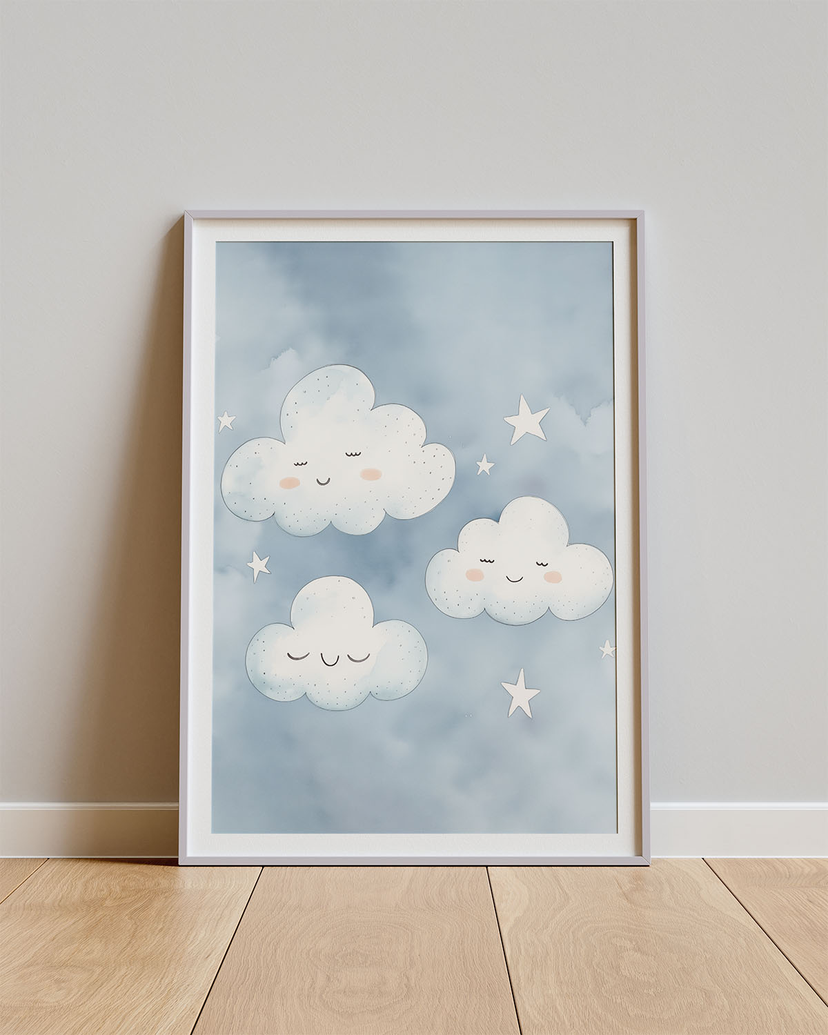Poster Cloudy Giggles – Lachende wolkjes in zachte aquarelstijl
