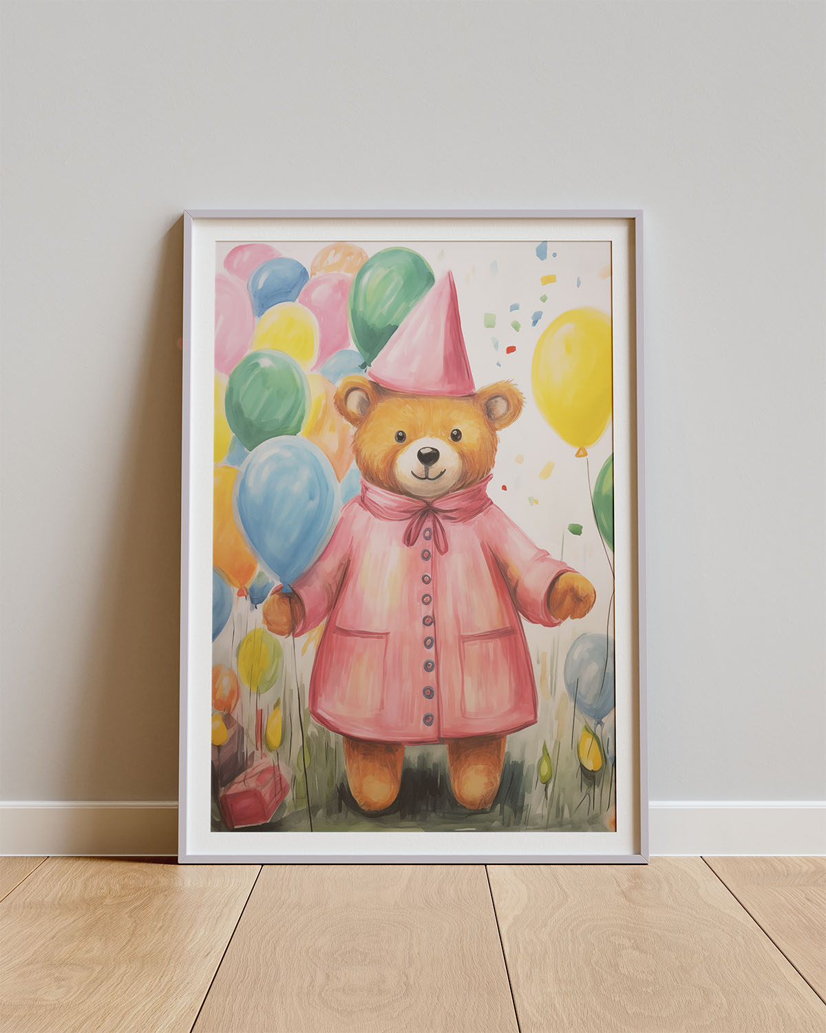 Poster Rainy Bear Day – Beer in regenjas met ballonnen