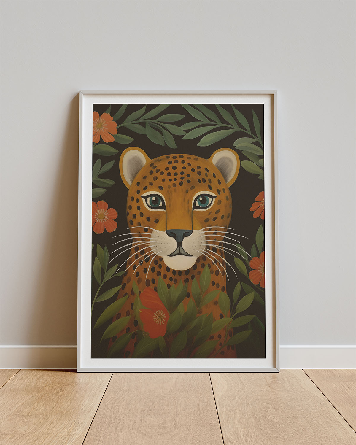 Poster Wild Bloom – Panterkop met bloemen en takken
