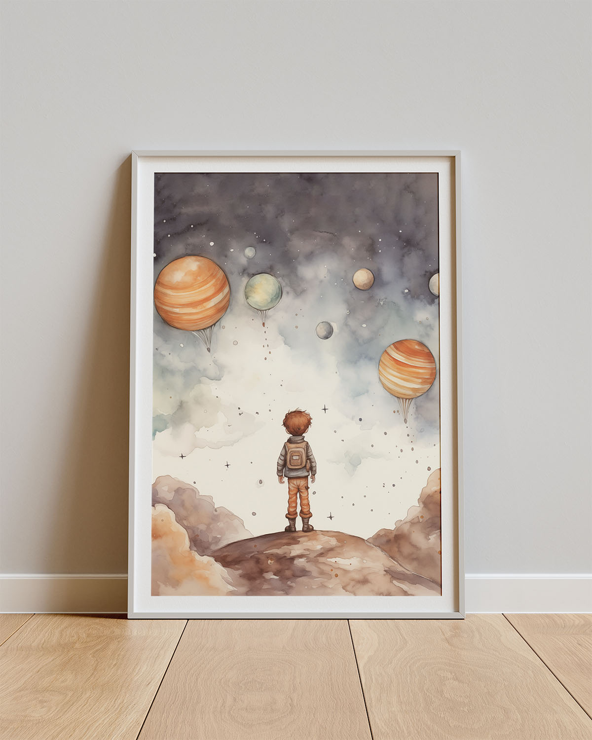 Poster Cosmic Dream – Kindje kijkt naar een hemel vol planeten