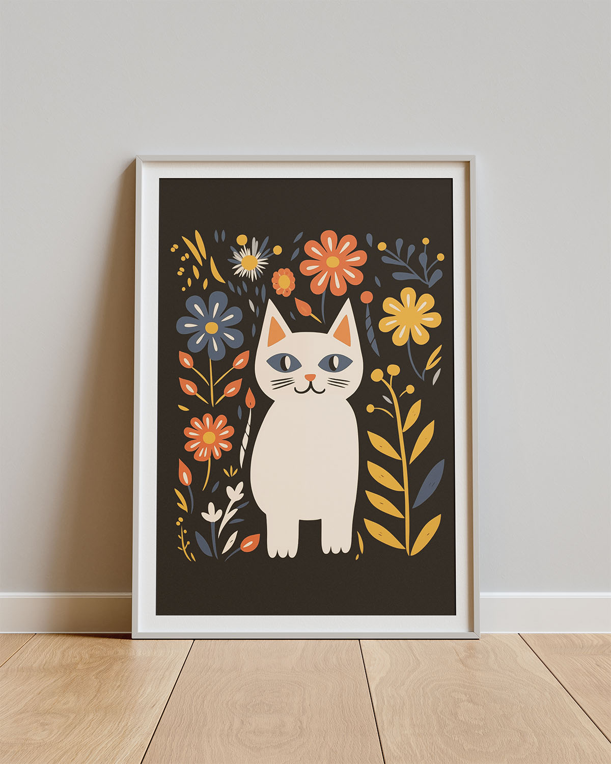 Poster Feline Garden – Zwarte grafische tekening met poes en bloemen