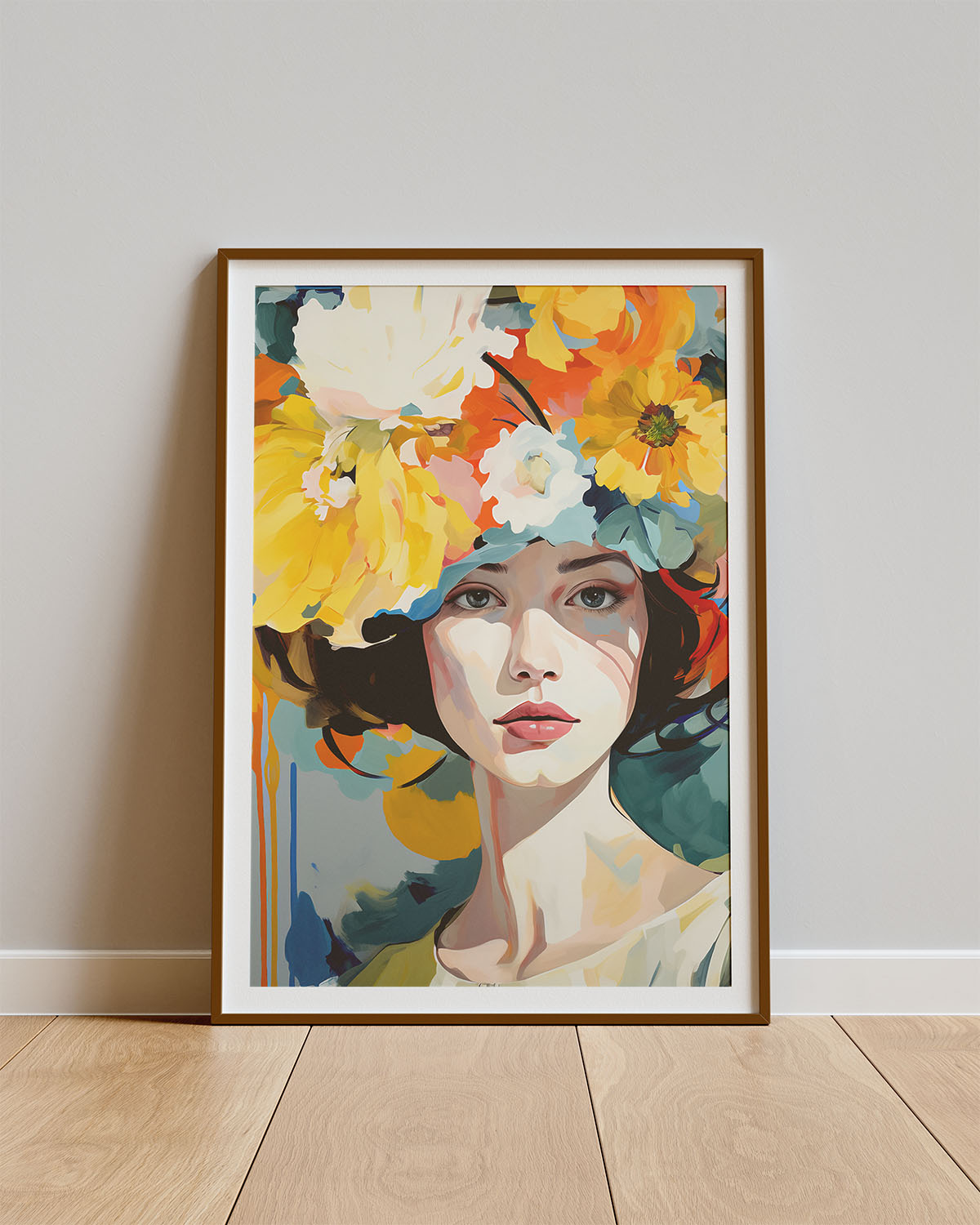 Poster Blooming Gaze – Vrouwelijk portret met bloemenkrans