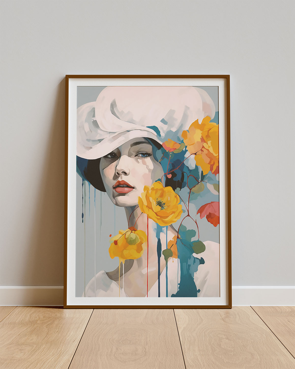 Poster Petals & Poise – Vrouw met witte hoed en gele bloemen