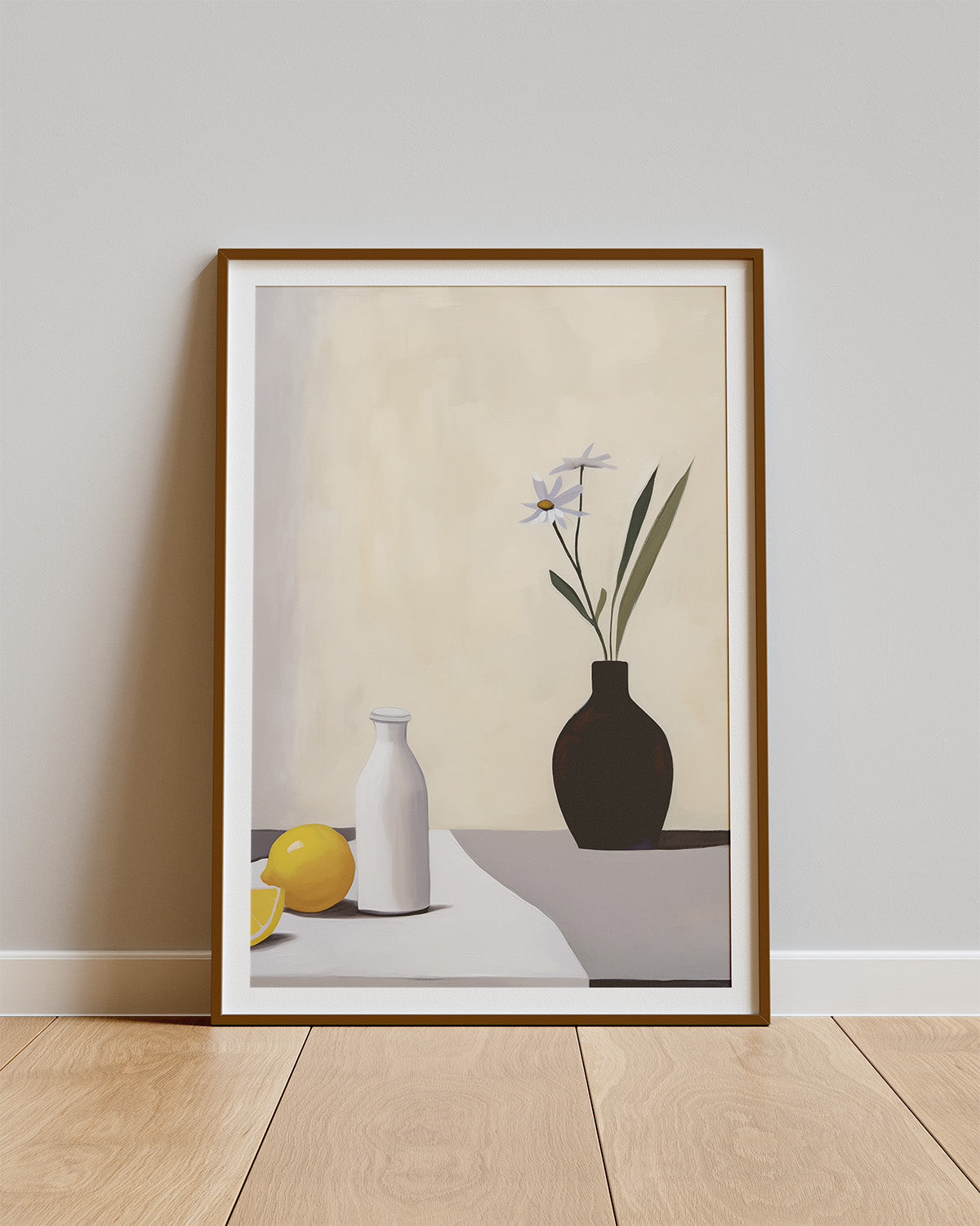 Poster Table Quietude – Witte vaas, citroen en madelief op tafel