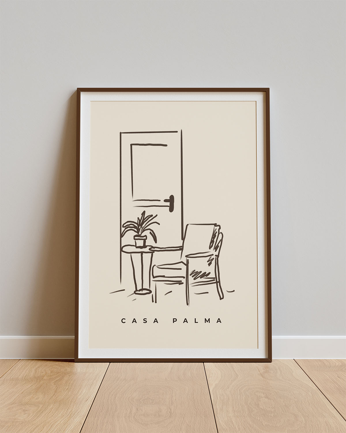 Poster Casa Angolo – Lijntekening van interieurhoek met designaccent