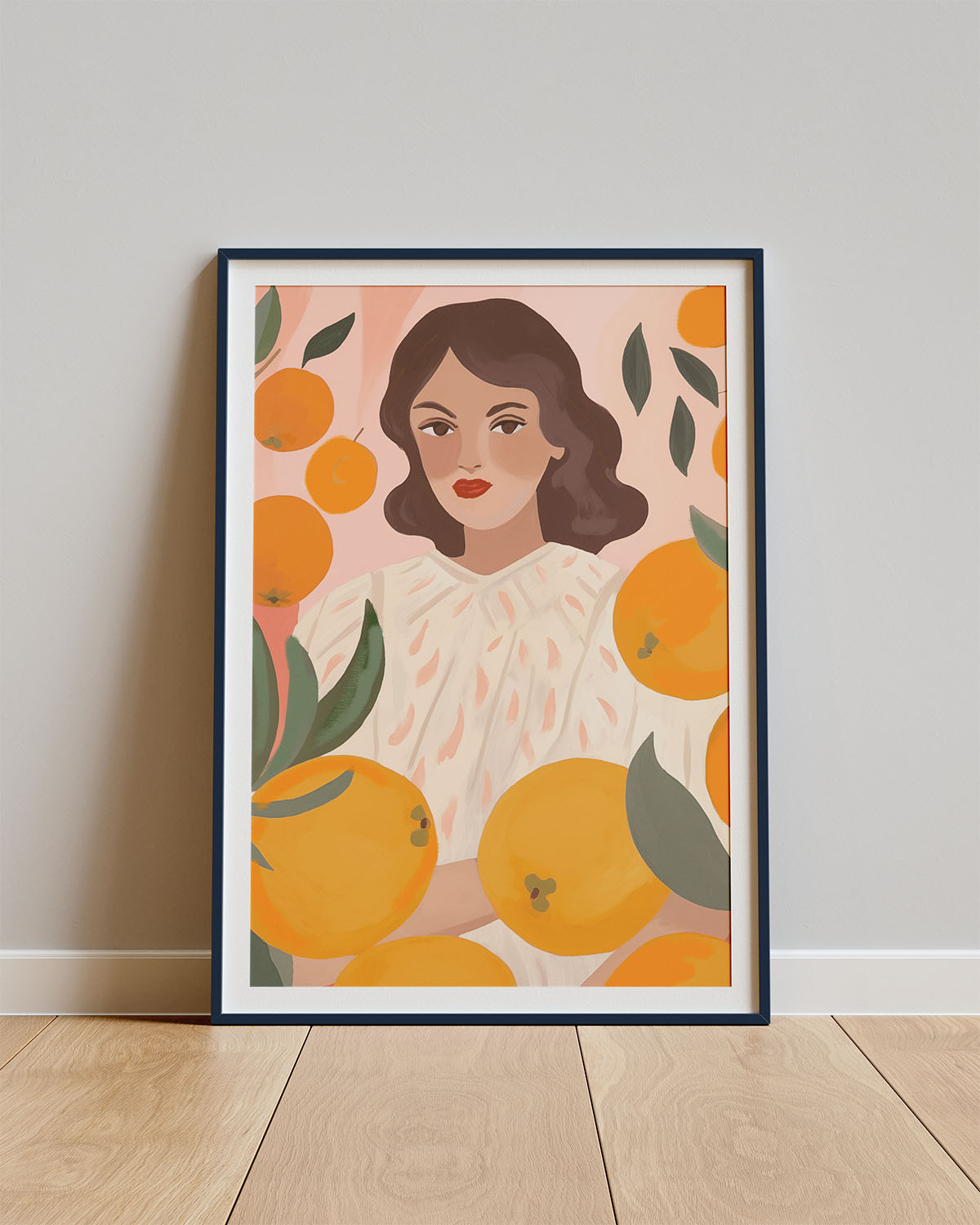 Poster Citrus Muse – Vrouw in zachte kleurvlakken met sinaasappels