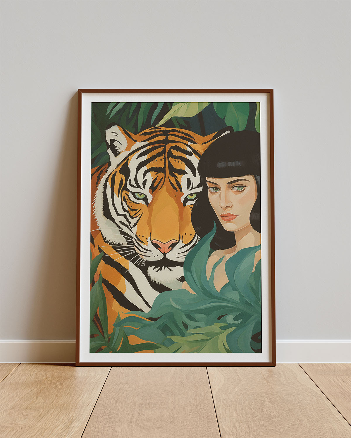 Poster Jungle Muse – Vrouw en tijger in strakke illustratie
