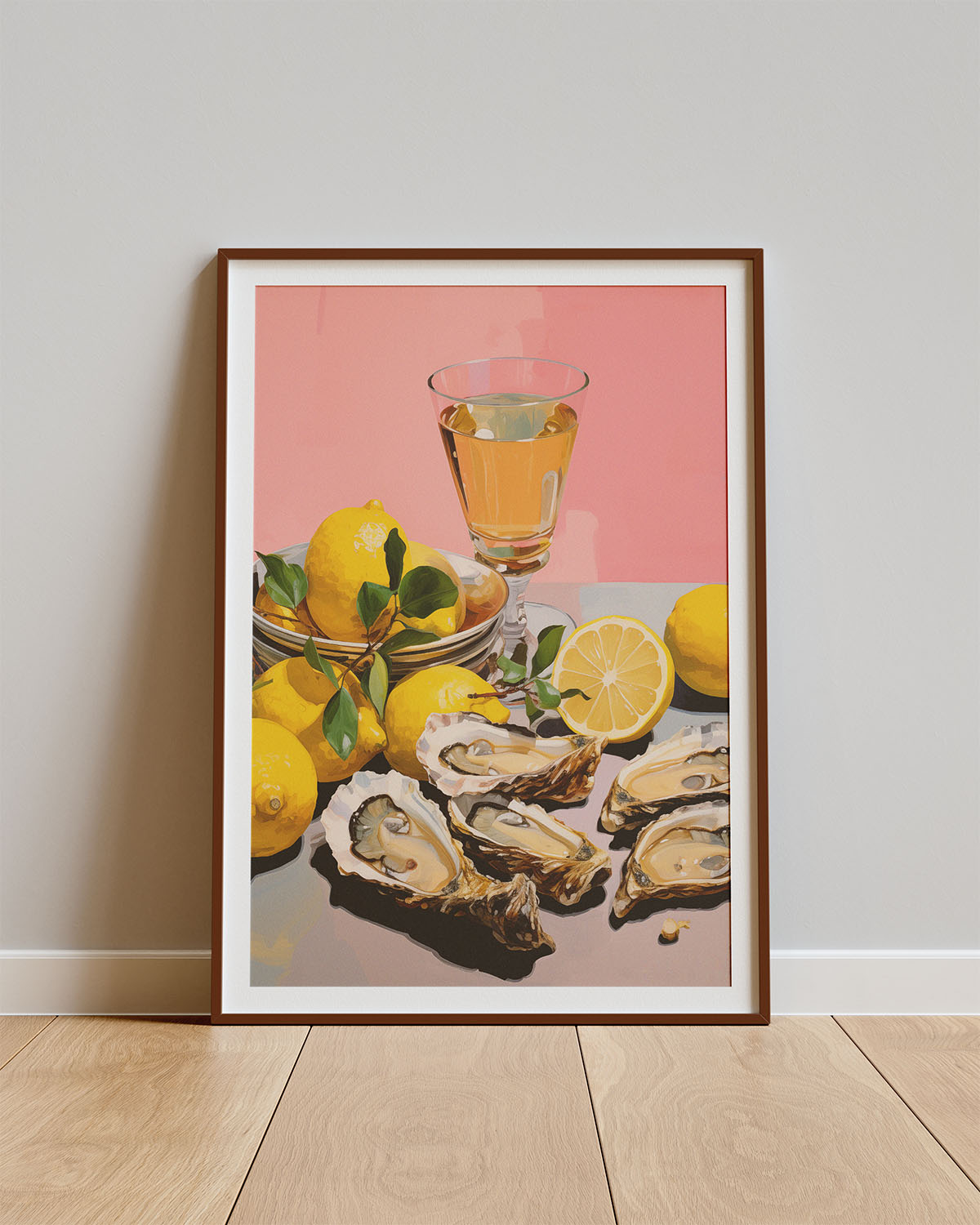 Poster Citrus & Sea – Wijn, citroenen en oesters in illustratiestijl