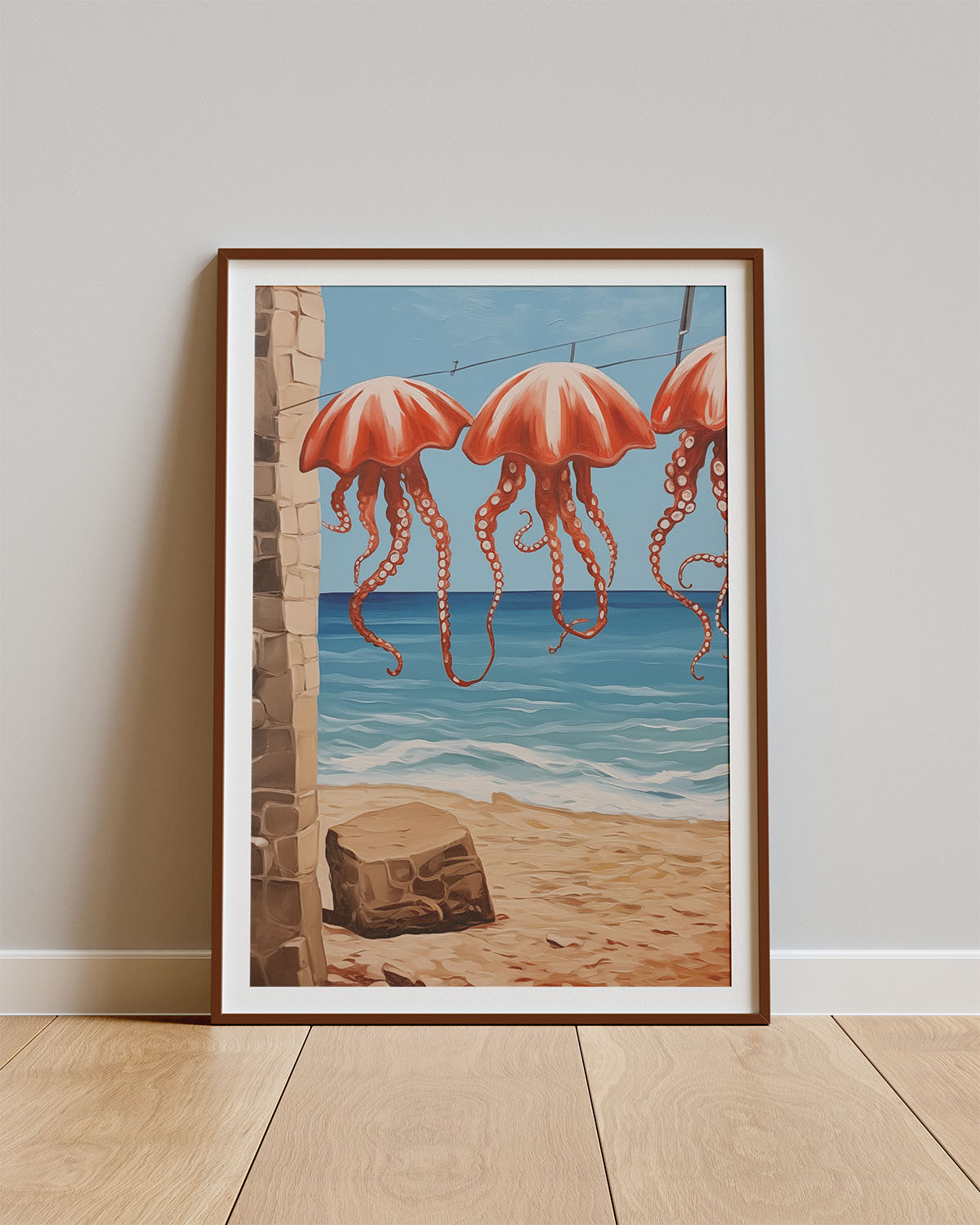 Poster Jelly Breeze – Zeezicht met kwallen aan waslijn
