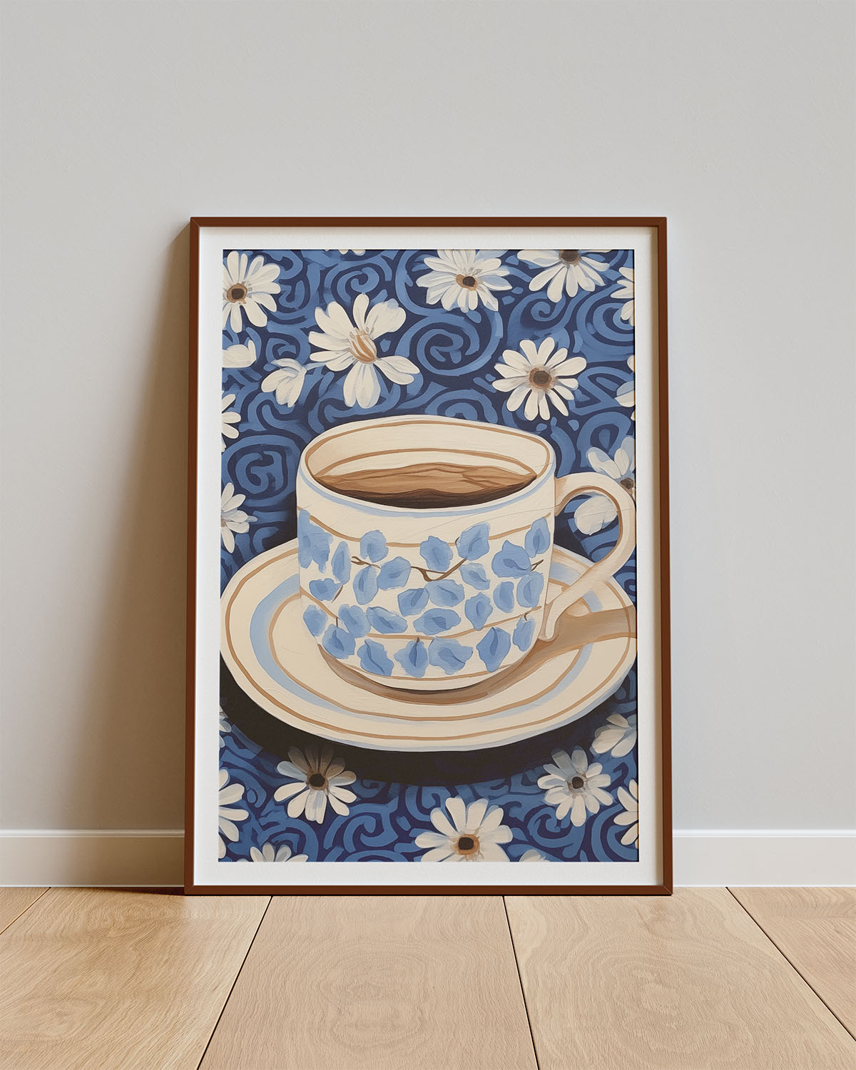 Poster Blossom Tea – Blauw theekopje met bloemen