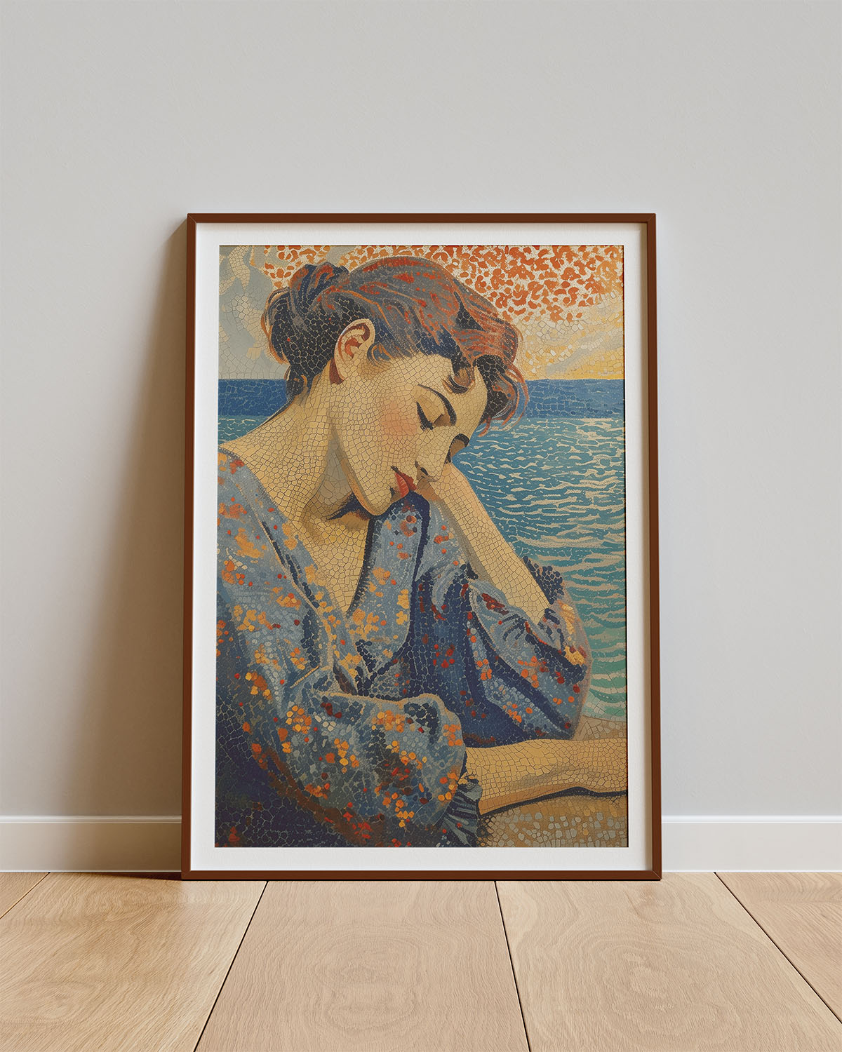 Poster Mosaic Muse – Vrouw bij zonsondergang